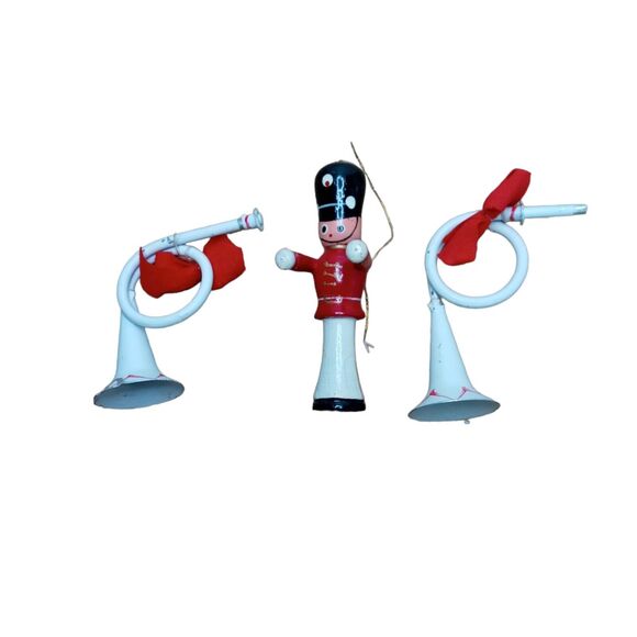 🎺 Vintage Christmas Ornaments🎄📯 Set 3pc Toy Trumpet + Soldier - Picture 10 of 14